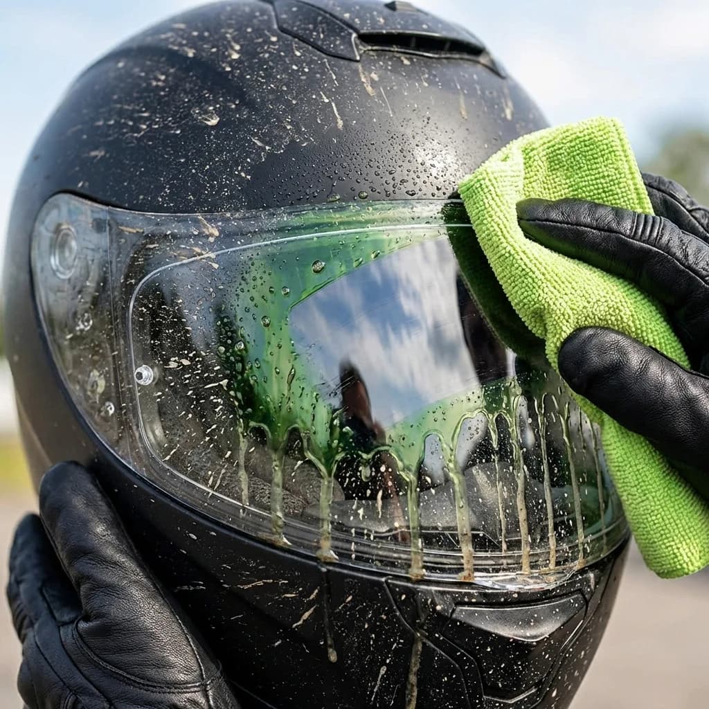 Czyszczenie zabrudzonego kasku grubą mikrofibrą z żelem